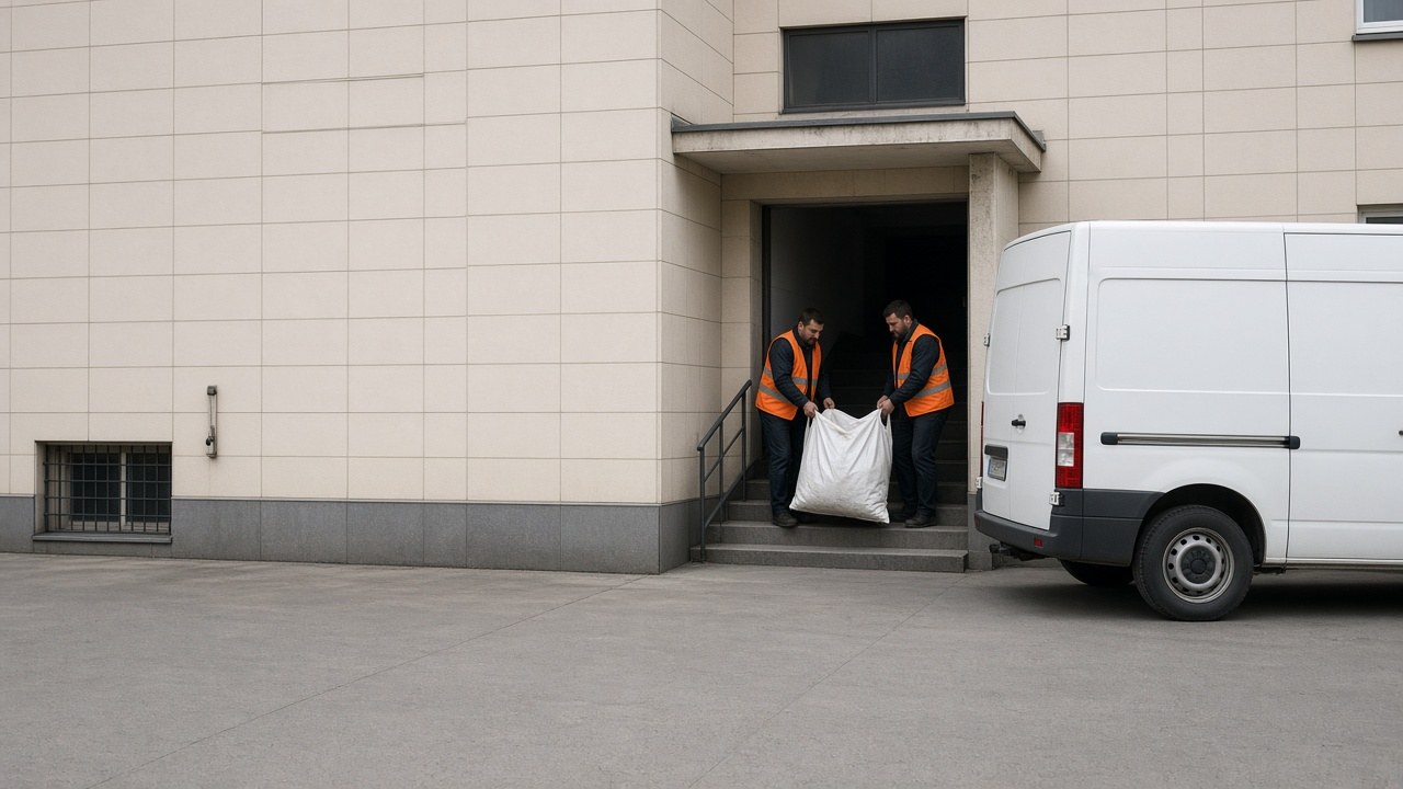 Два грузчика выносят мешки со строительным мусором из подъезда