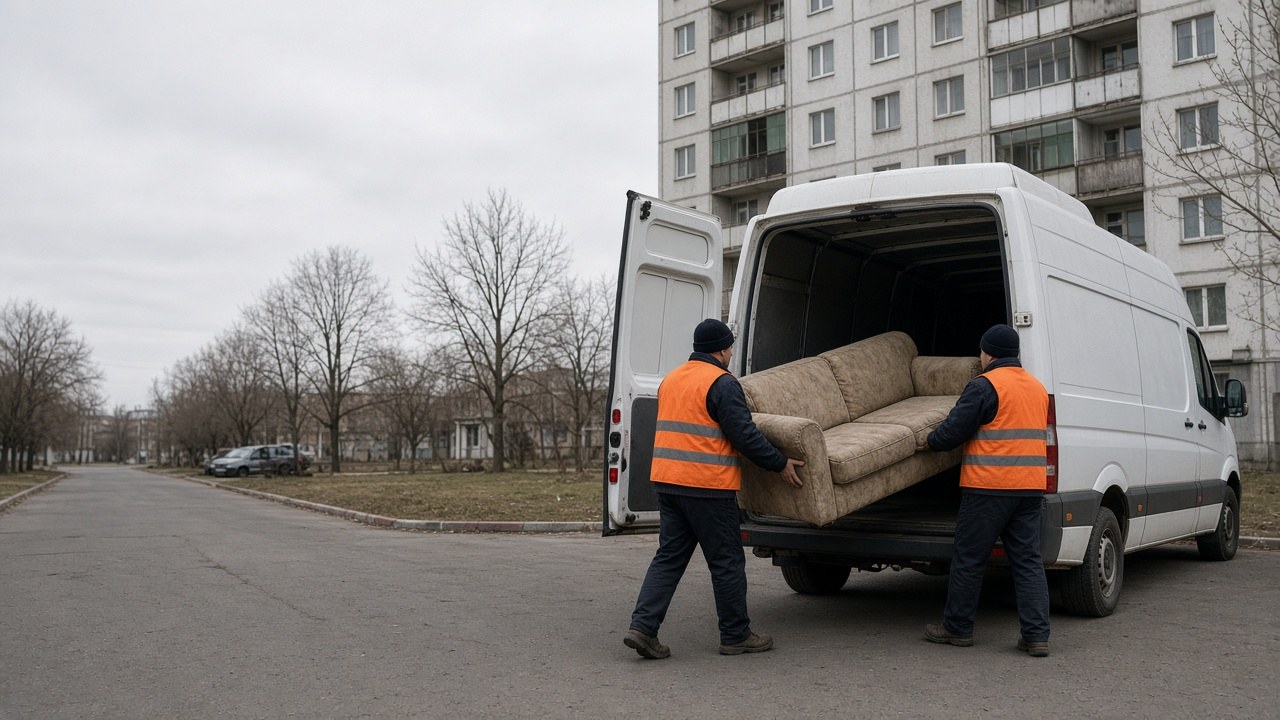 Грузчики загружают старый диван в грузовой бус